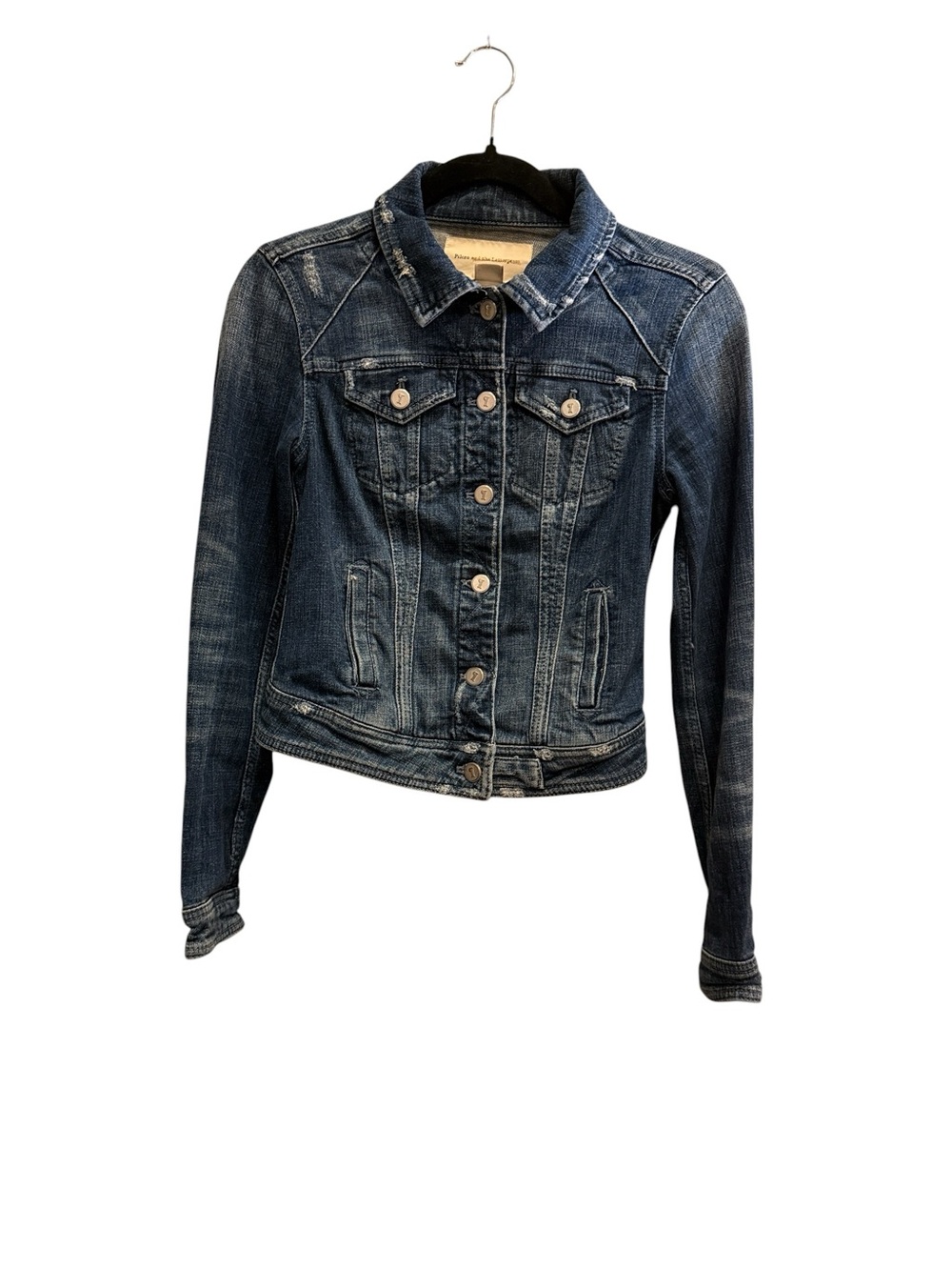 Pilcro and the Letterpress Indigo Blue Distressed Stretch Denim Jacket sz XS